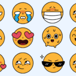 row of different emojis on blue background