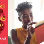 Older teen girl reading red book next to A Court of Thorns and Roses cover