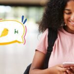 Girl texting on iPhone next to logos for BrightCanary, Bark, and MMGuardian
